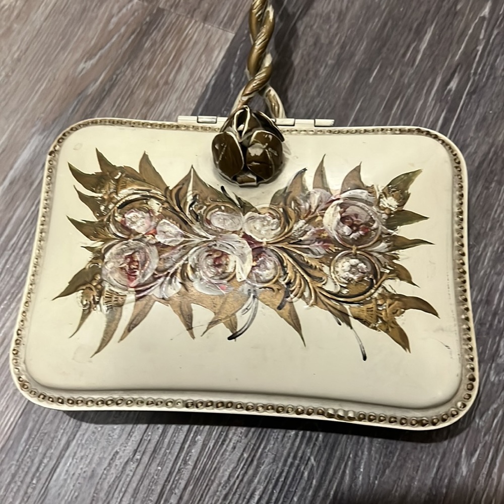 Vintage hand painted metal floral cream gold silent butler - Picture 3 of 9